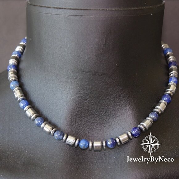 Lapis Lazuli & Hematite Beaded Chocker Necklace and Matching Bracelet - NWOT - Picture 1 of 6